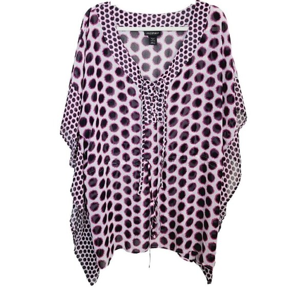 Lane Bryant 18/20 Sheer Blouse Boxy Batwing Tie Waist Polka Dots Lace Up Bodice - Picture 1 of 7